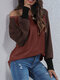 Contrast Color Long Sleeve O-neck T-shirt For Women - Brick Red