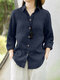 Women Solid Long Sleeve Button Front Lapel Shirt - Blue