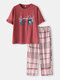 Plus Size Women Cute Cartoon Print Ruffle Trims Short Sleeve Pajama Sets - Red