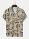 Mens All Over Ethnic Figure Print Revere Collar Short Sleeve Shirts - Apricot
