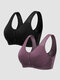 2Pcs Women Cotton Solid Front Closure Wireless Padded Lightly Lined Comfy Bras - Black + Purple