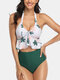 Women High Waist Bikini Tropical Leaves Print Halter String Backless Ruffles Hem Sexy Swimwear - White