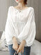 Solid Knotted Ruched Puff Sleeve Casual Blouse - White
