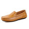 Men Leather Pure Color Lazy Slip On Flat Driving Loafers - Brown