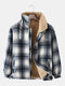 Mens Plaid Thicken Sherpa Lined Lapel Cotton Vintage Overcoats With Pocket - Blue
