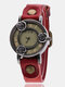 Vintage Thin Band Women Wrist Watch Three Roses Hollow Dial Quartz Watch - Red