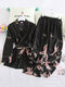 Women Ice Silk Crane Printed Knotted Home Pajamas Sets - Black