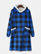 Mens Check Double Pocket Flannel Plush Lined Warm Oversized Blanket Hoodie Robes - Blue
