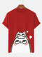 Camisetas masculinas Cartoon Cat Coração estampadas com gola redonda e manga curta - Vermelho
