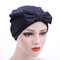 Women Satin Solid Color Big Bowknot Muslim Beanie Hat Four Seasons Suitable Casual Turban Cap - Navy