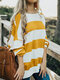 Contrast Color Stripe Long Sleeve Loose Blouse For Women - Yellow