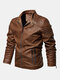 Mens PU Leather Warm Fleece Lined Long Sleeve Slim Fit Fashion Coats Jackets - Khaki