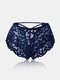 Women Sexy Lace Tie Back Designed Mesh Spliced Breathable See Through Panties - Navy