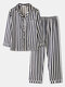 Women Faux Silk Colored Vertical Stripe Lapel Collar Long Pajamas Sets With Pocket - Navy