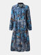 Graffiti Print Button Long Sleeve Casual Shirt Dress for Women - Blue