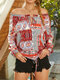 Bohemian Print Long Sleeve Off Shoulder Blouse For Women - Red