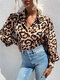 Leopard Print Button Lapel Long Sleeve Blouse For Women - Khaki