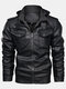 Mens Vintage PU Leather Zipper Thick Overhead Drawstring Hooded Jacket - Black