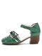 Socofy Genuine Leather Handmade Woven Retro Ethnic Soft Comfy Hook & Loop Mary Jane Floral Heels - Green
