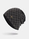 Men Knitted Plus Velvet Lattice Jacquard Letter Iron Label Brimless Beanie Hat - Black