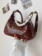 Women Fashion Faux Leather All-match Pearls Chain Handbag Crossbody Bag - Brown