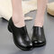 Women Folkways Round Toe Leather Zipper Warm Lining Chunky Heel Low Top Boots - Black