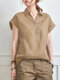 Solid V Neck Roll Short Sleeve Casual Cotton Blouse - Beige