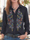 Floral Embroidery Long Sleeve Plus Size Denim Shirt - Black