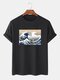 Mens Sea Wave Pattern Short Sleeve 100% Cotton T-shirts - Black