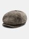 Men Cotton Woolen Cloth Solid Herringbone Striped Pattern British Newsboy Hat Octagonal Hat Beret Flat Cap - #02 Coffee