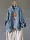 Vintage Embroideried Abstract Portrait Long Sleeve Casual Blouse - Blue