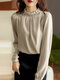 Solid Long Sleeve Ruffle Trim Stand Collar Blouse - Apricot
