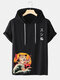 Mens Sushi Cat Graphic Japanese Style Short Sleeve Hooded T-Shirts - Black