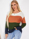 Contrast Color Crew Neck Long Sleeve Women Knit Sweater - Orange
