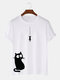 Mens 100% Cotton Cartoon Cat Printed Casual Short Sleeve T-shirts - White
