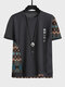 Mens Ethnic Geometric Pattern Patchwork Japanese Embroidered Short Sleeve T-Shirts - Black