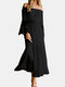 Lace Floral Off Shoulder Pleated Trumpet Sleeve Maxi Dress - Black