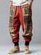 Mens Ethnic Tribal Pattern Patchwork Loose Drawstring Waist Pants - Red