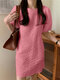 Puff Sleeve Solid Color Crew Neck Casual Dress - Pink