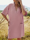 Solid Color V-neck Pocket Half Sleeve Loose Casual Dress - Pink