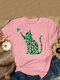 Cat Printed Casual O-Neck Short Sleeve T-shirt - Pink
