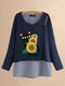Casual Print Cats Flower Patch Striped Fake Two-piece Blouse - Blue