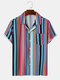 Mens Colorful Striped Revere Collar Short Sleeve Shirts With Pocket - Multi Color