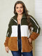 Plus Size Stand Collar Color Block Pocket Long Sleeves Jacket - Brown