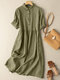Einfarbig Knopf Revers vorne Kurzarm Damen Kleid - Grün