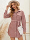 Solid Color Belt Button Lapel Long Sleeve Casual Dress - Pink
