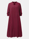 Plus Size Solid Half Open Collar Pocket Loose Casual Dress - Red