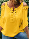 Women Cold Shoulder Splice Notched Neck 3/4 Sleeve Blouse - Yellow