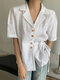 Blusa informal de algodón de manga corta con solapa y botones lisos - Blanco