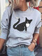 Cartoon Cat Printed Long Sleeve O-neck Sweatshirt For Women - Grey
